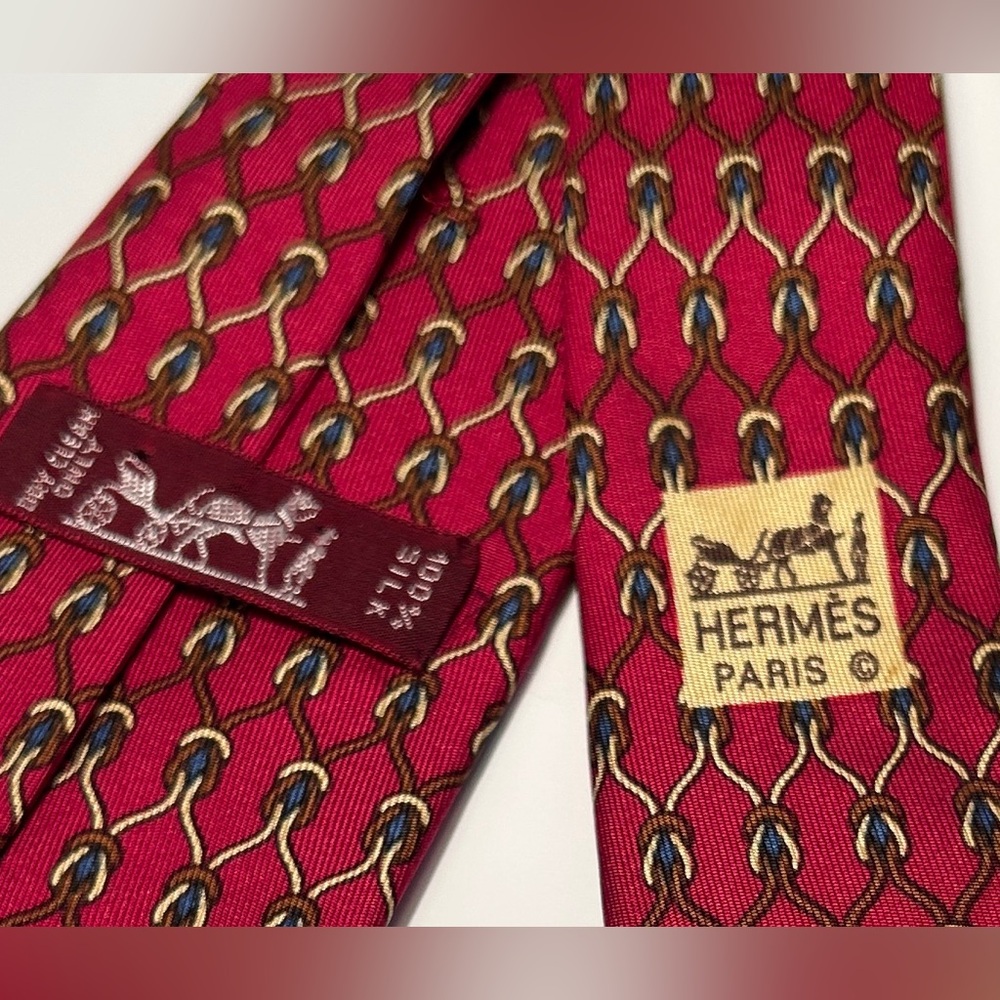 HERMES VINTAGE SILK ROPE & RINGS TIE GRIDS SQUARE BUCKLE RIDING FRANCE RED - Picture 2 of 9